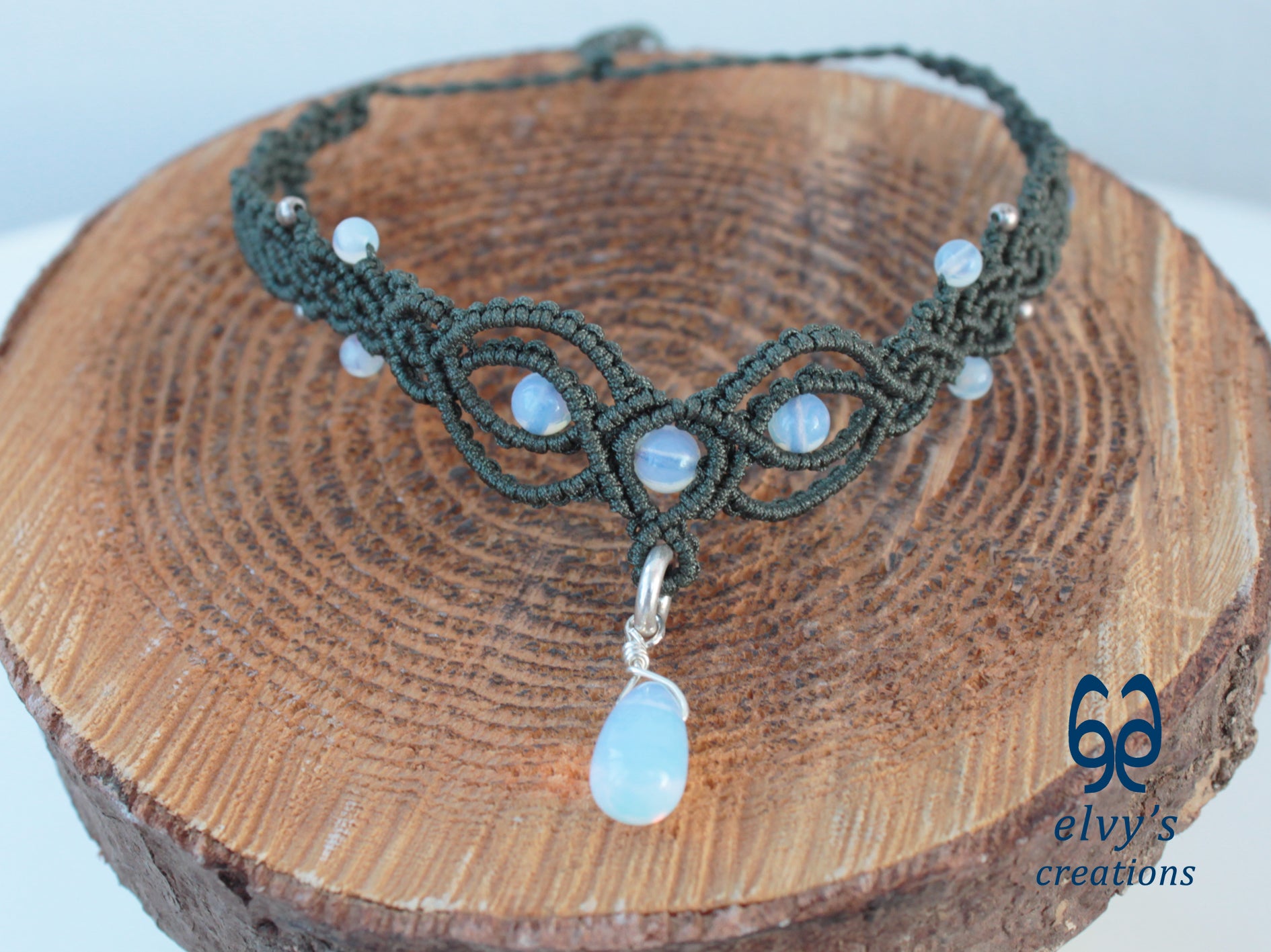 Handmade Khaki Green Macrame Necklace with Moonstone Gemstones Adjustable 