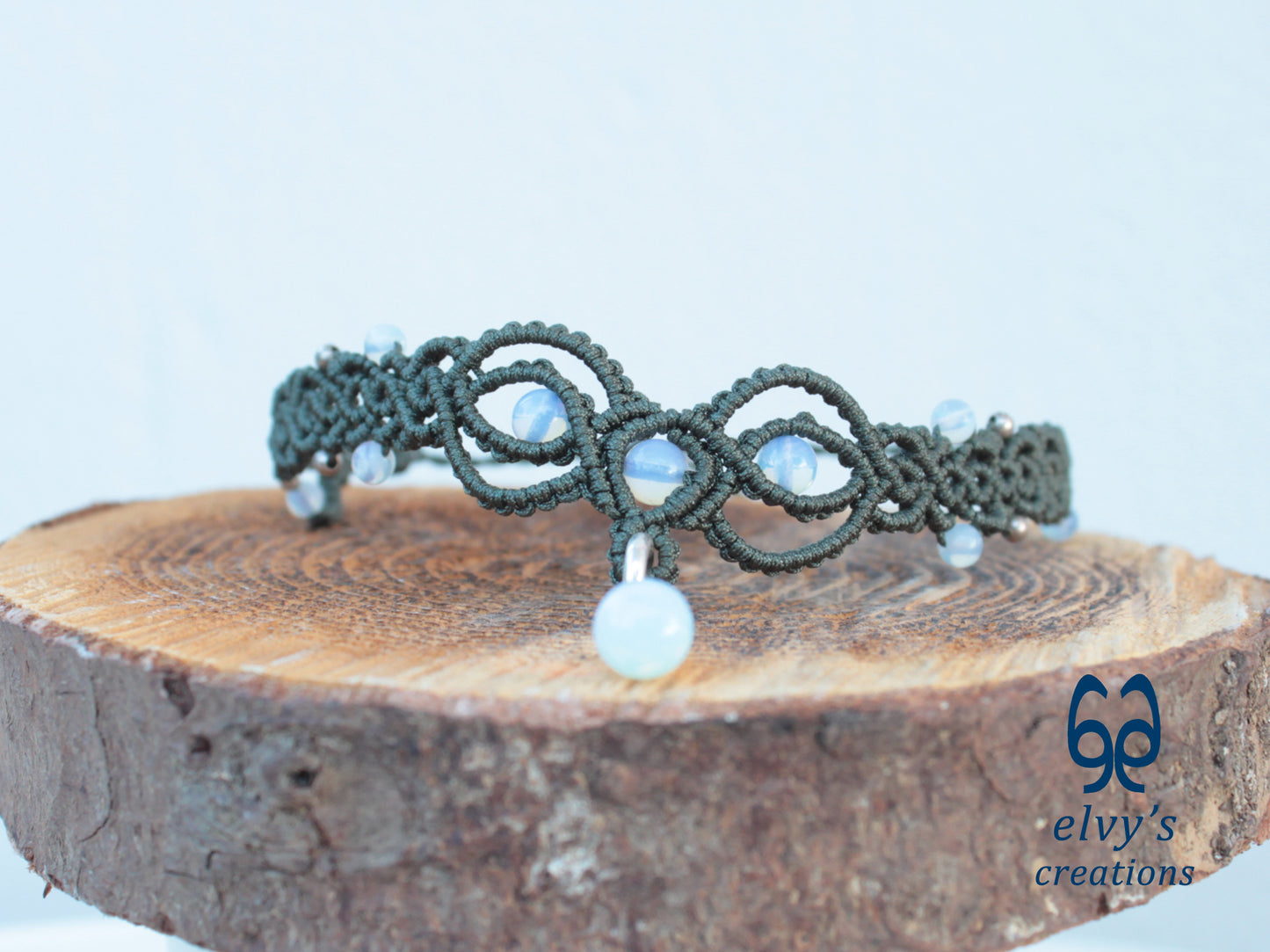 Handmade Khaki Green Macrame Necklace with Moonstone Gemstones Adjustable 