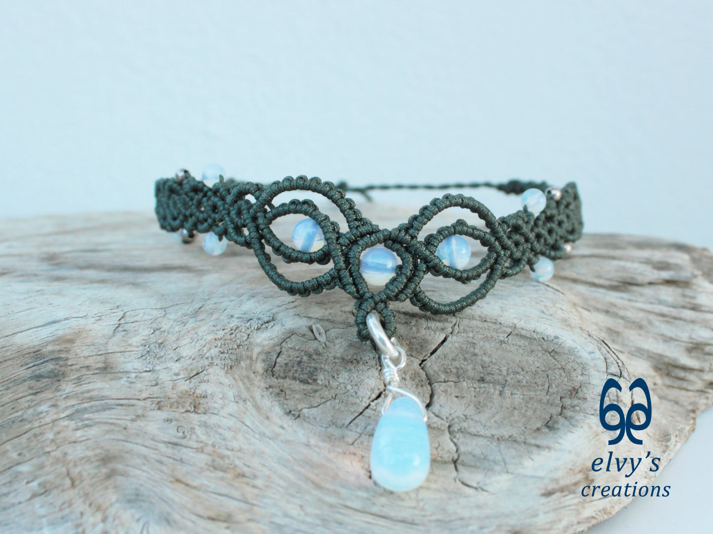 Handmade Khaki Green Macrame Necklace with Moonstone Gemstones Adjustable 