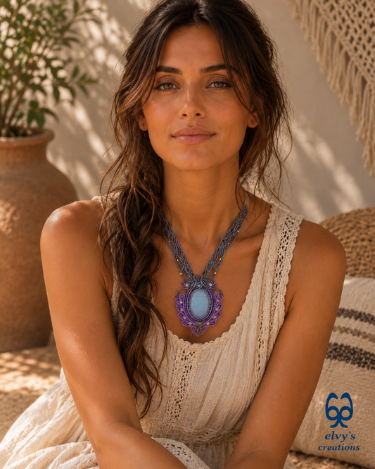 Purple and Grey Handmade Macrame Necklace with Moonstone Gemstones, Boho Purple Necklace