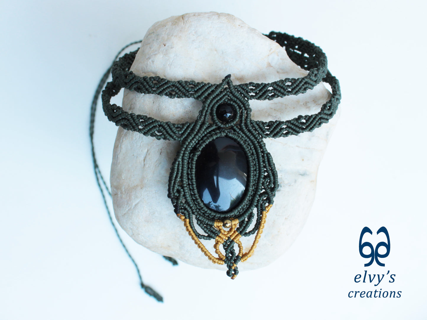 Handmade Green Macrame Necklace with Onyx Gemstones, Khaki and Gold Macrame Choker