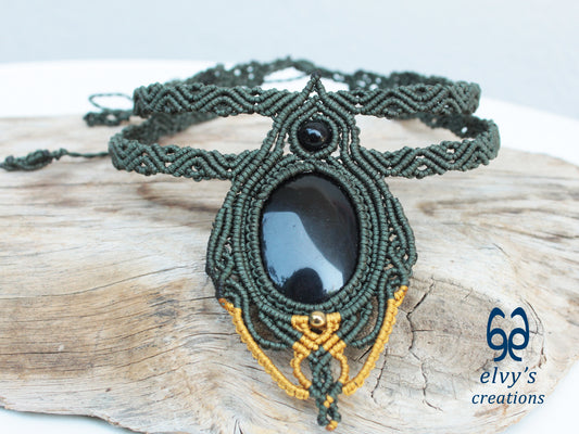 Handmade Green Macrame Necklace with Onyx Gemstones, Khaki and Gold Macrame Choker