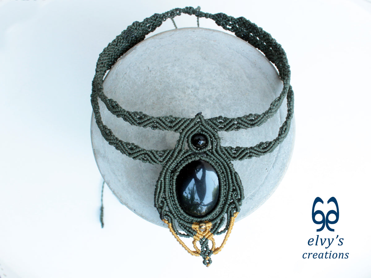 Handmade Green Macrame Necklace with Onyx Gemstones, Khaki and Gold Macrame Choker