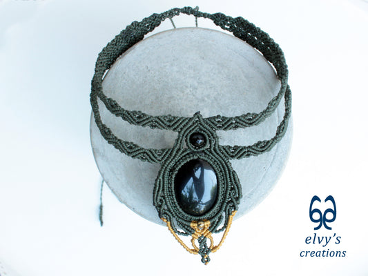 Handmade Green Macrame Necklace with Onyx Gemstones, Khaki and Gold Macrame Choker