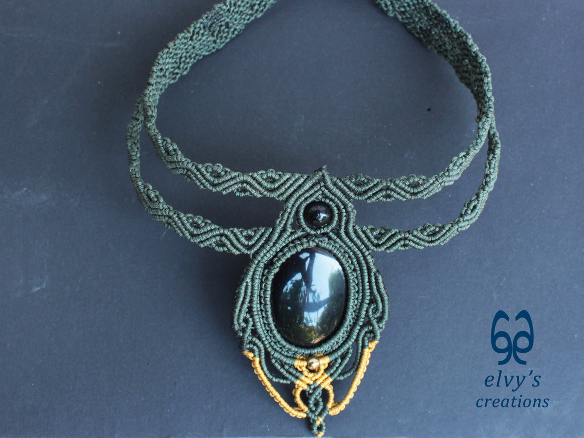Handmade Green Macrame Necklace with Onyx Gemstones, Khaki and Gold Macrame Choker