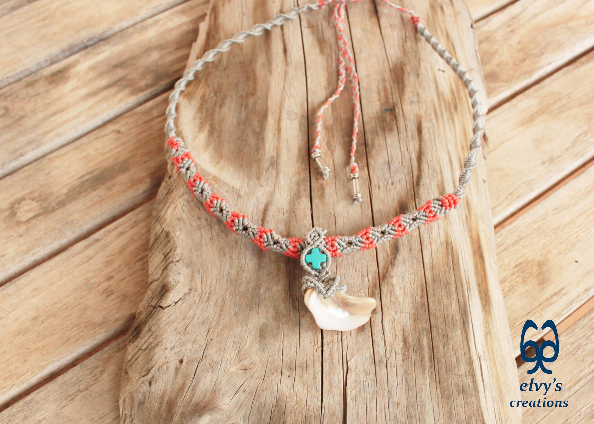 Orange Handmade Silver Macrame Necklace with Hematite and Pearl Shell