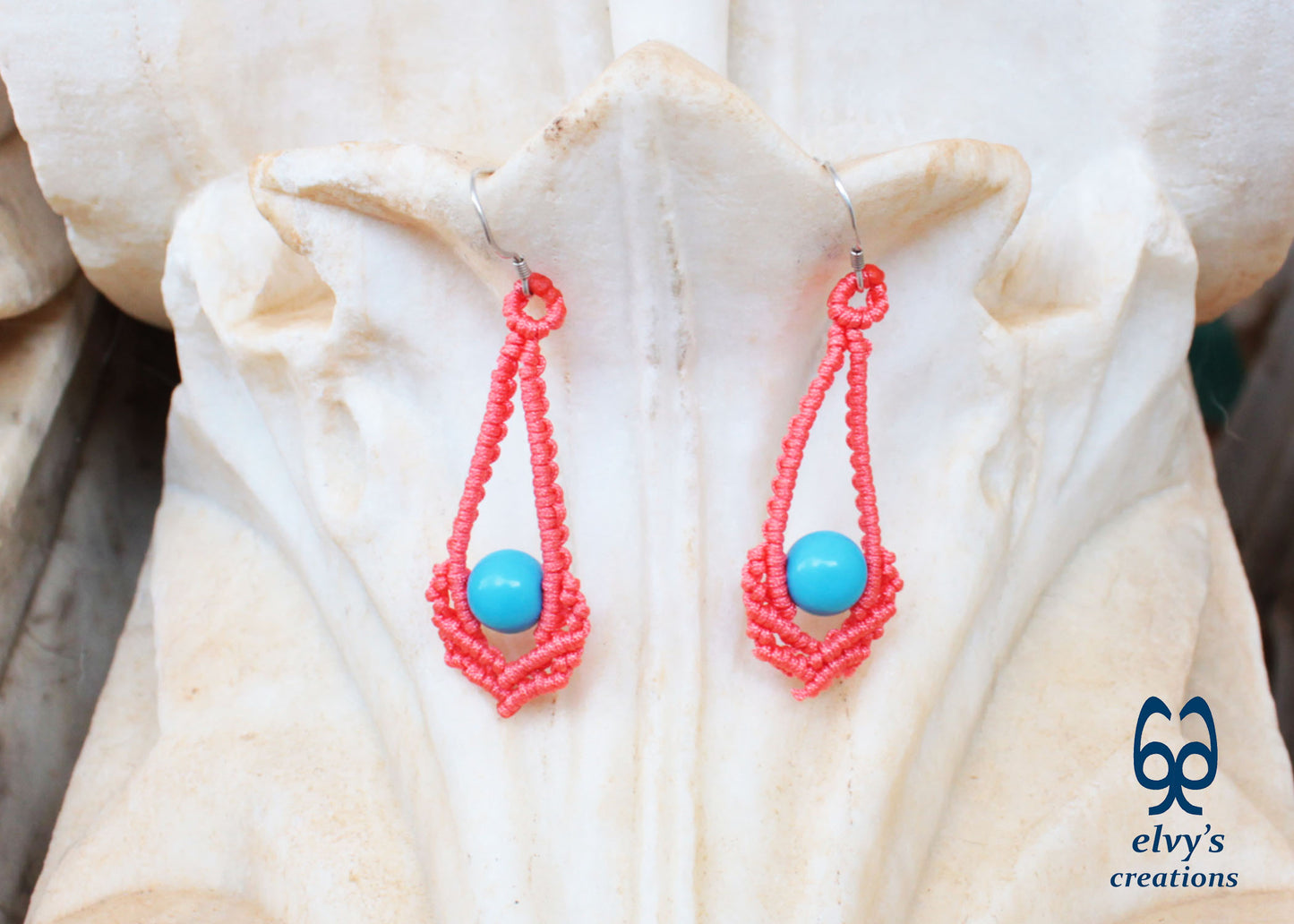 Orange Macrame Earrings Handmade Silver Earrings with Turquoise Gemstones