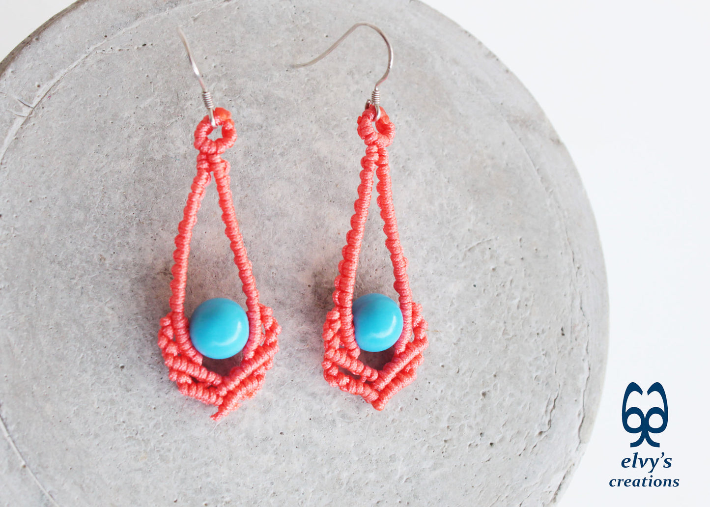 Orange Macrame Earrings Handmade Silver Earrings with Turquoise Gemstones