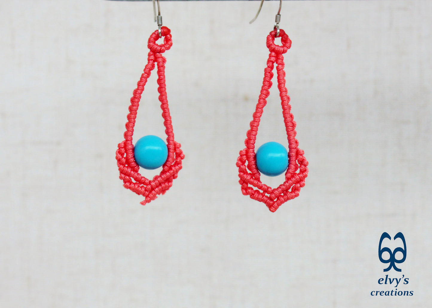 Orange Macrame Earrings Handmade Silver Earrings with Turquoise Gemstones