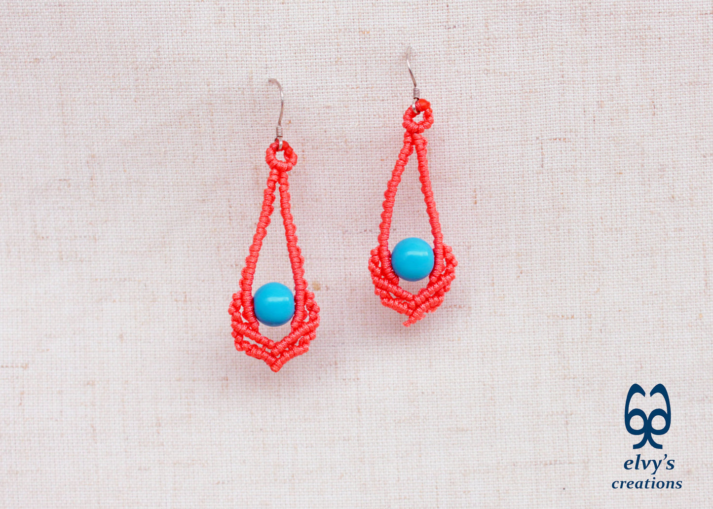 Orange Macrame Earrings Handmade Silver Earrings with Turquoise Gemstones