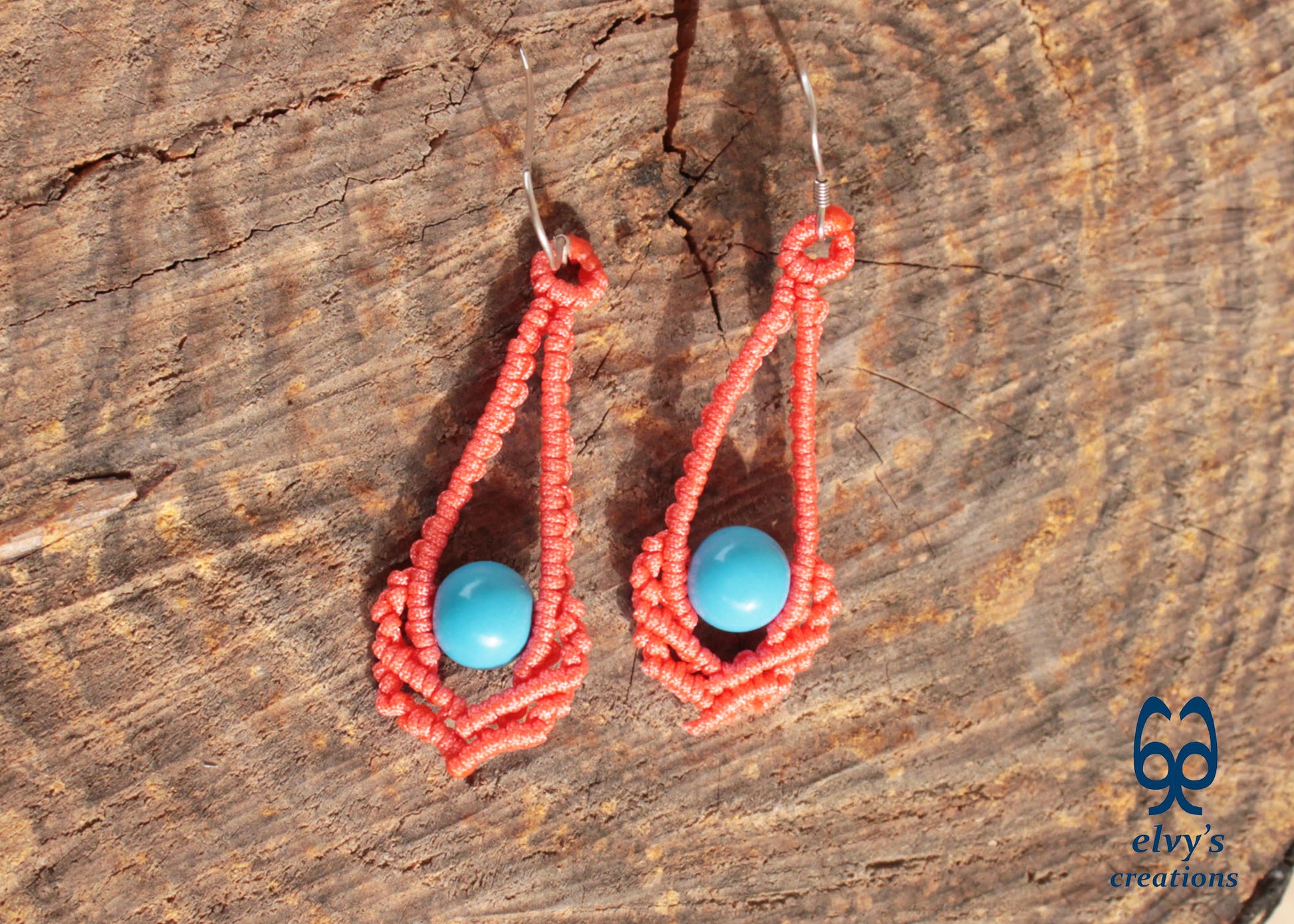 Orange Macrame Earrings Handmade Silver Earrings with Turquoise Gemstones