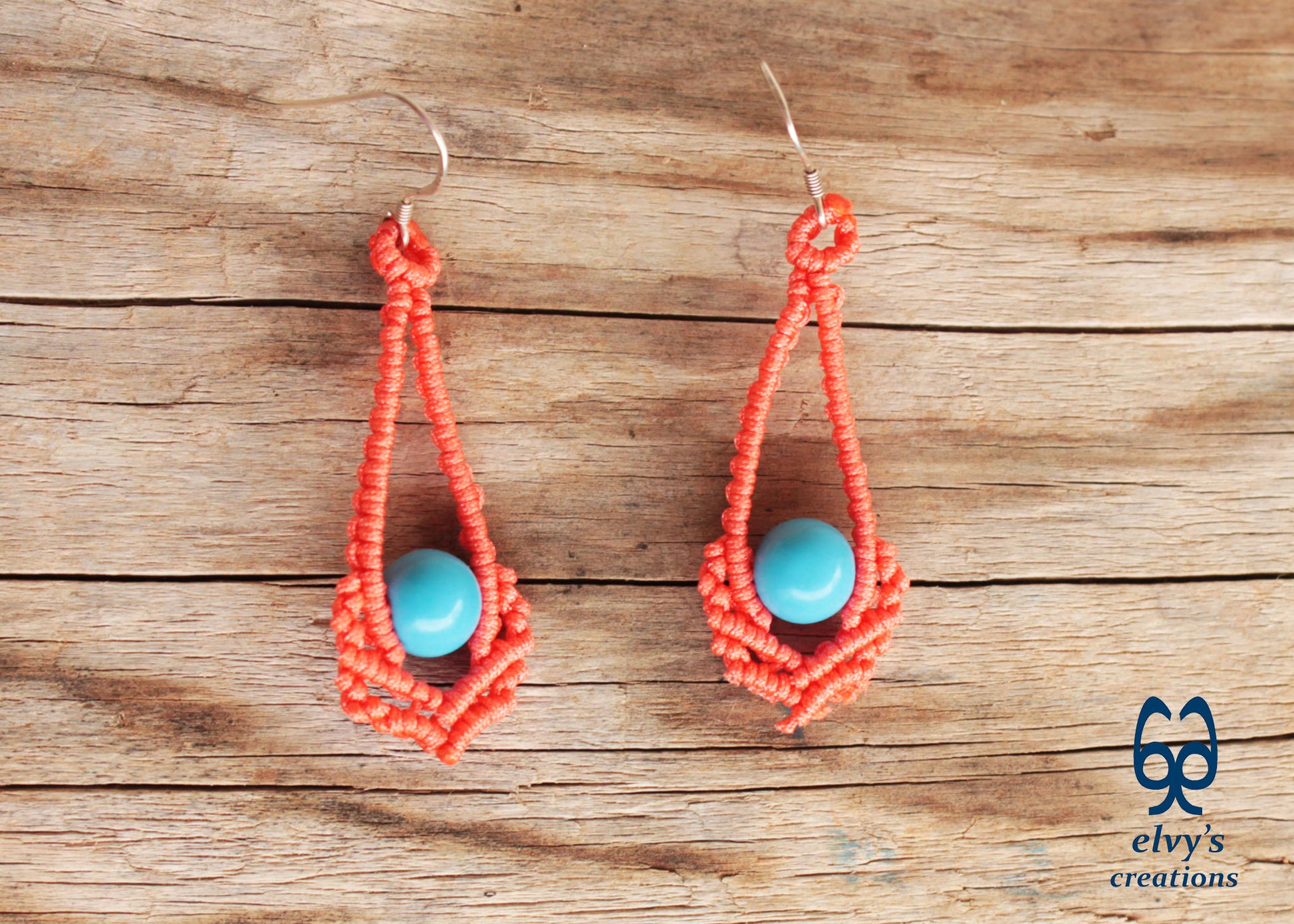 Orange Macrame Earrings Handmade Silver Earrings with Turquoise Gemstones