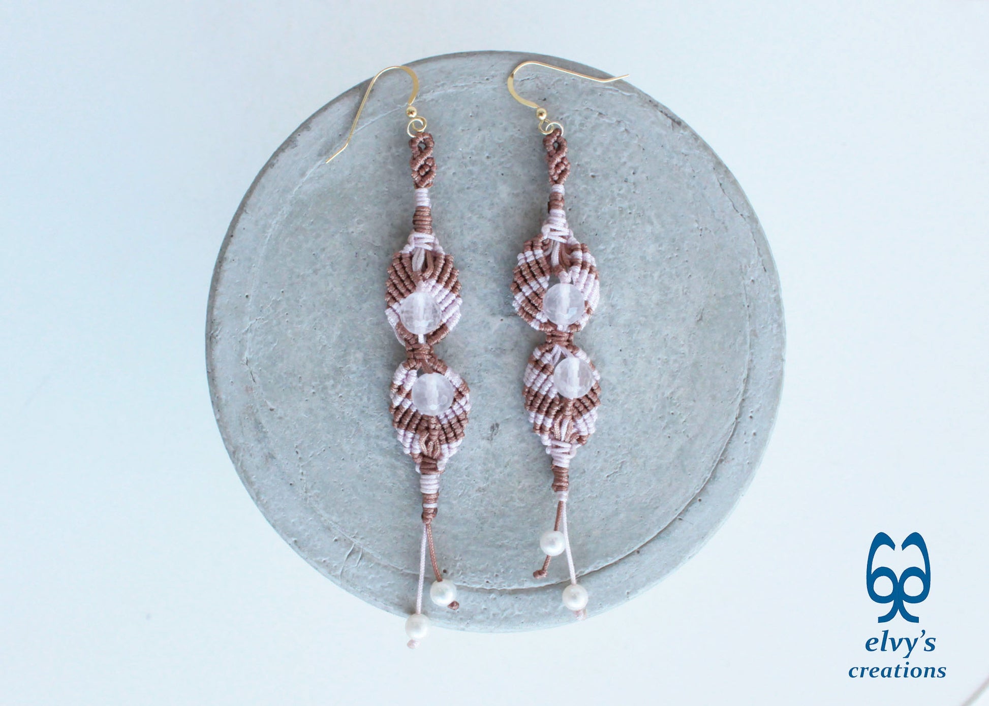 Handmade Pink Macramé Earrings Flower Earrings with Rose Quartz and Pearls