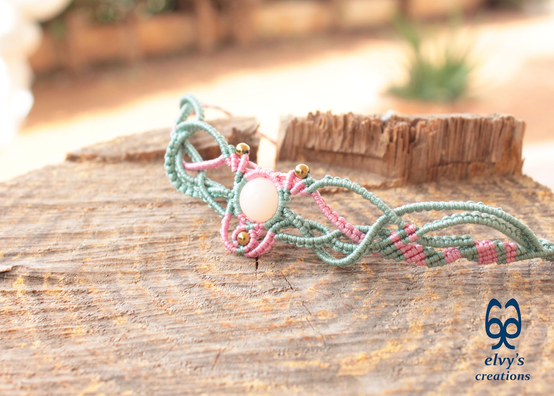 Green Macrame Necklace with Pink Quartz Gemstone Boho Choker with Silver Hematite Gemstones