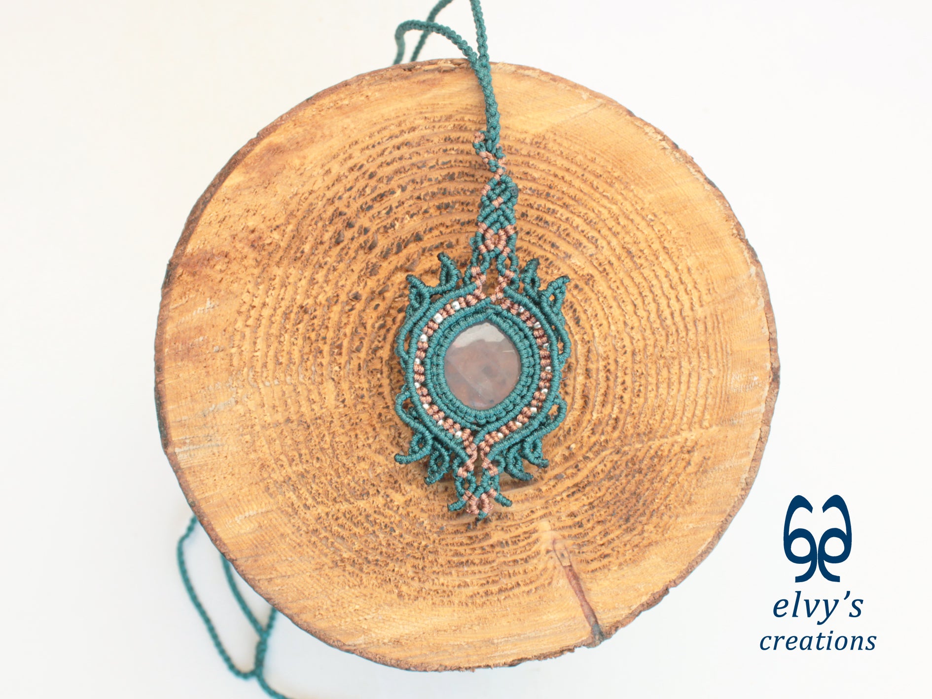 Bronze and Green Handmade Macrame Necklace with Moonstone Gemstones, Boho Grey Necklace