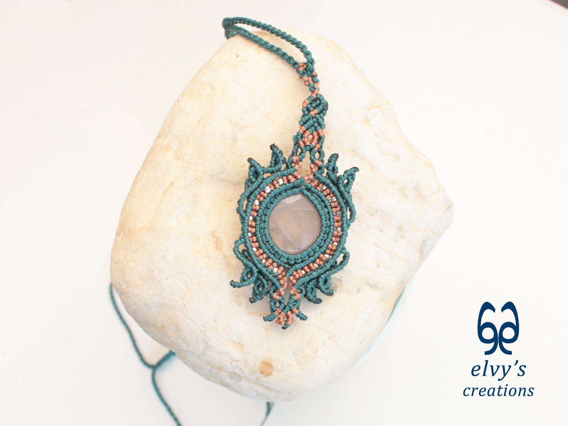 Bronze and Green Handmade Macrame Necklace with Moonstone Gemstones, Boho Grey Necklace