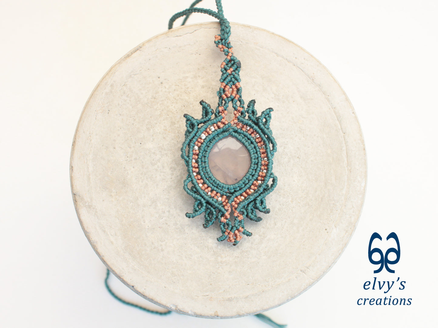 Bronze and Green Handmade Macrame Necklace with Moonstone Gemstones, Boho Grey Necklace