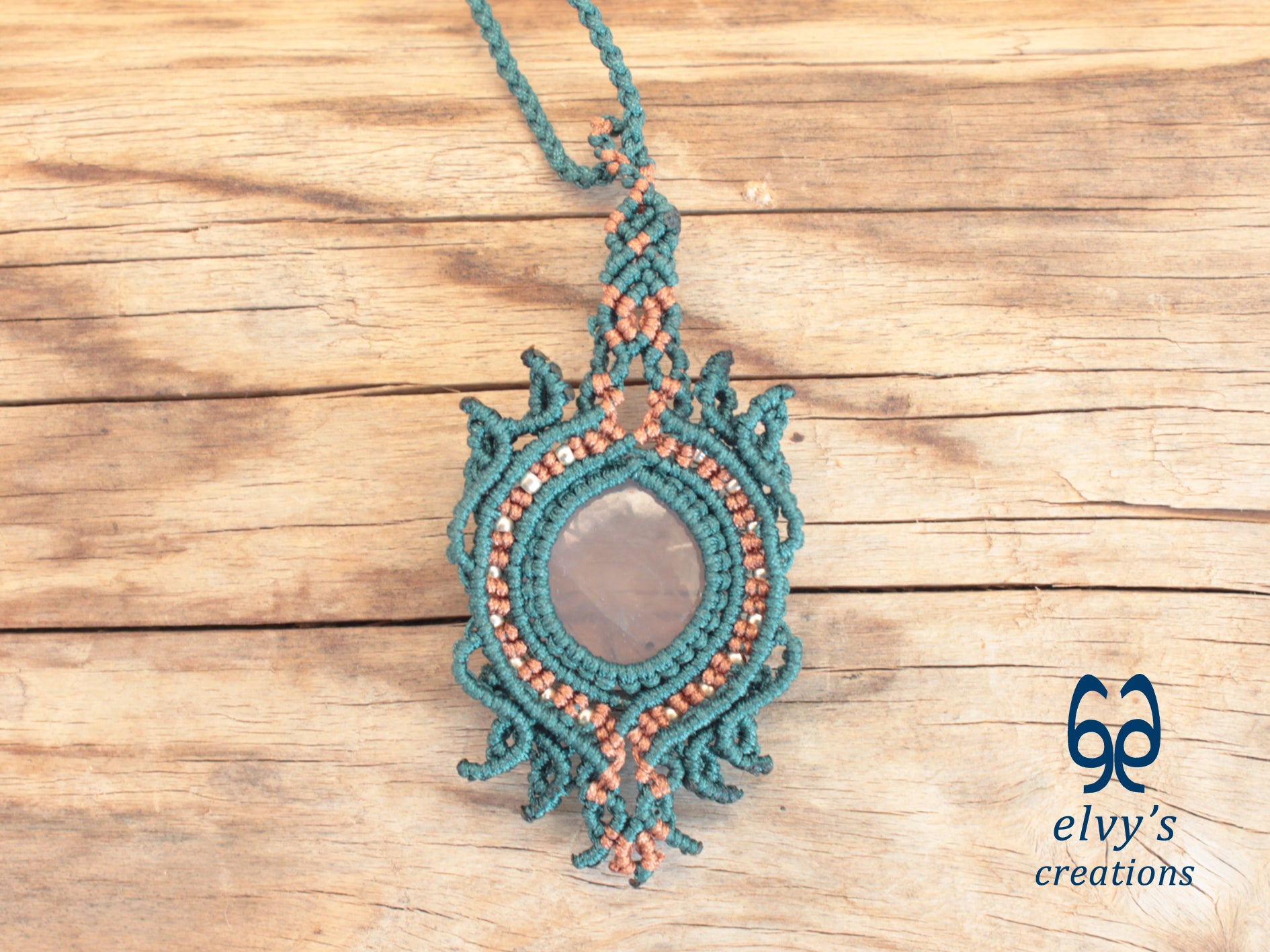 Bronze and Green Handmade Macrame Necklace with Moonstone Gemstones, Boho Grey Necklace