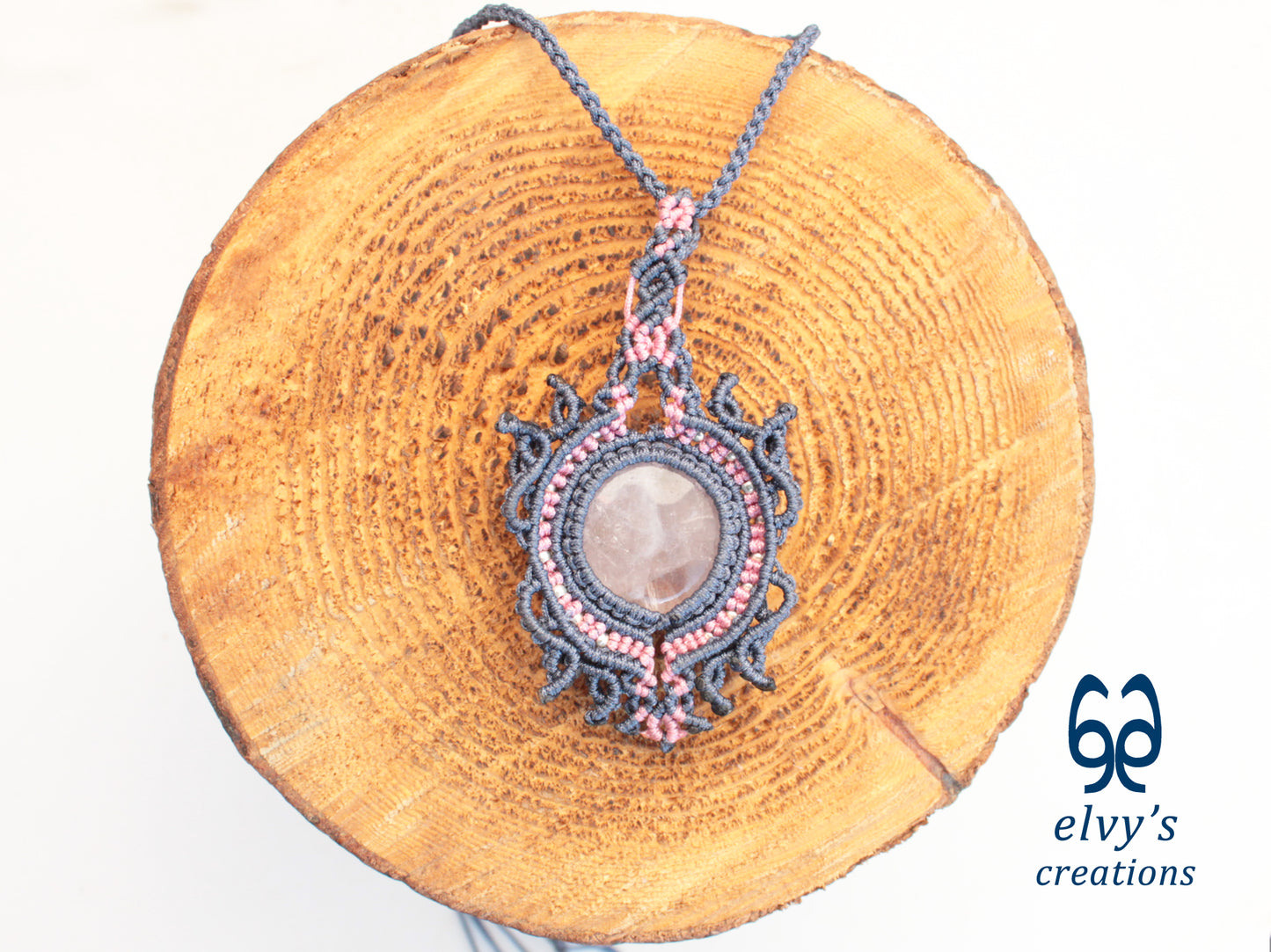 Pink and Grey Handmade Macrame Necklace with Moonstone Gemstones, Boho Grey Necklace