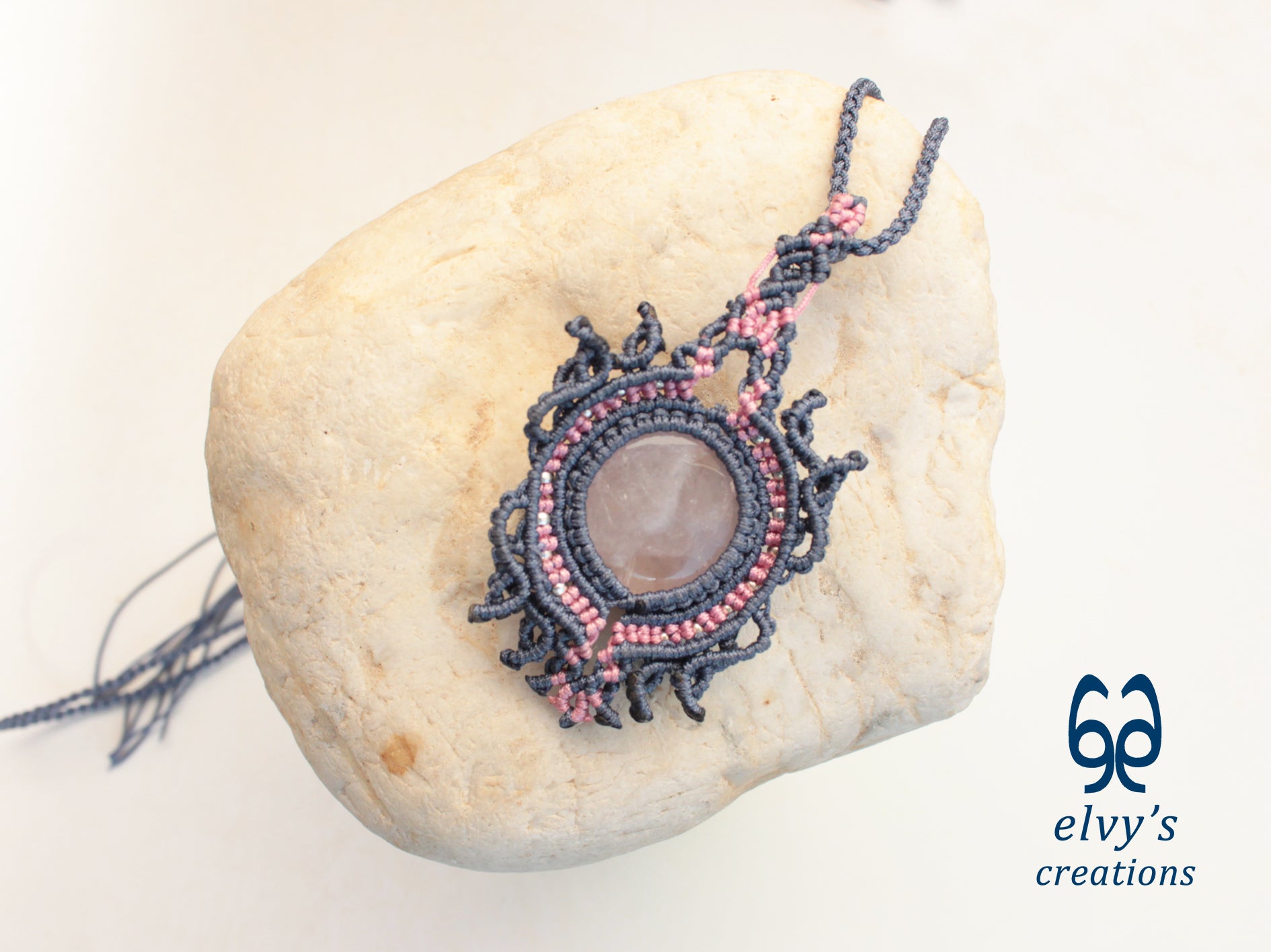 Pink and Grey Handmade Macrame Necklace with Moonstone Gemstones, Boho Grey Necklace