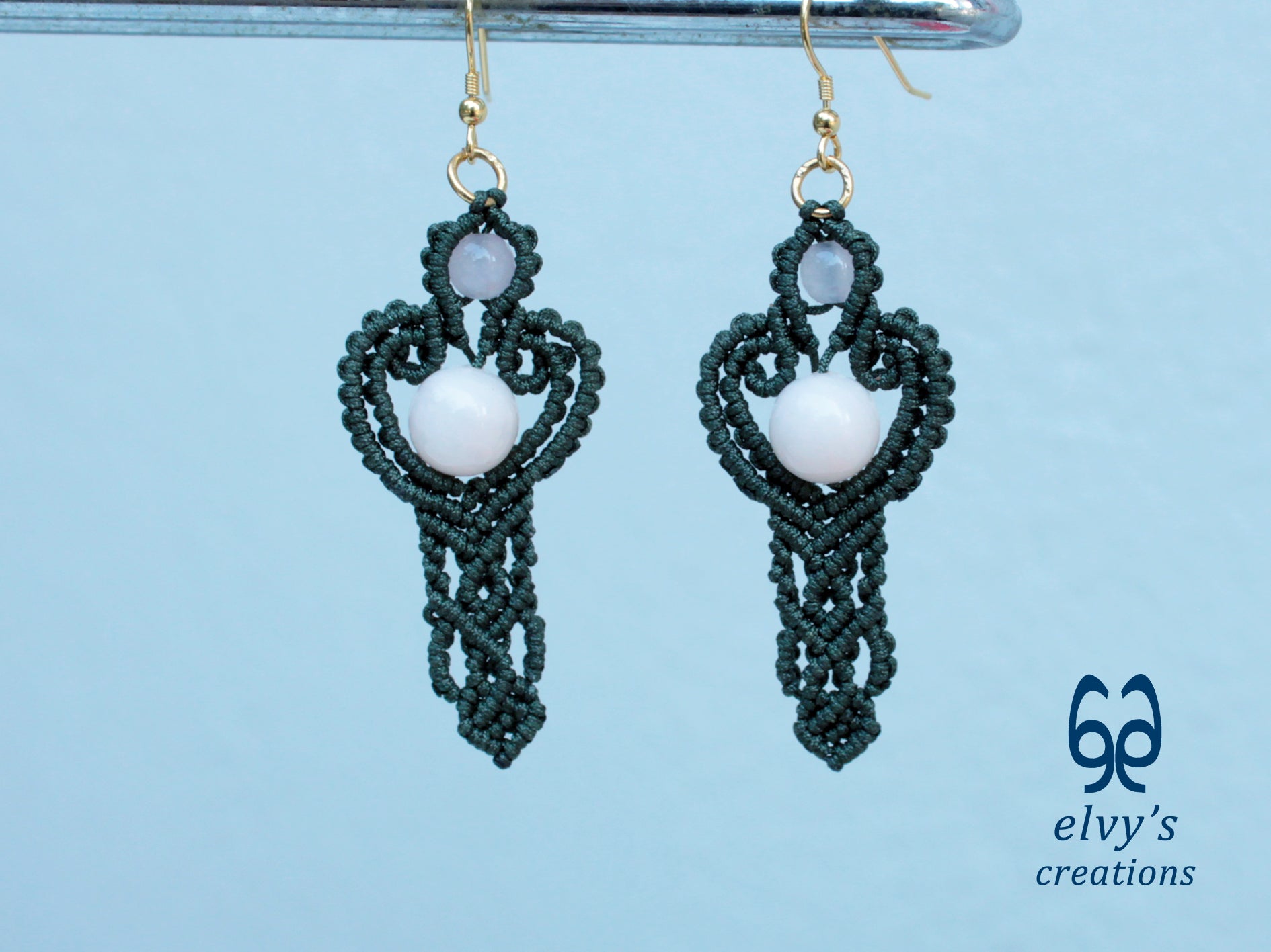 Handmade Green Macrame Earrings with Pink Quartz Gemstones Dangle Earrings