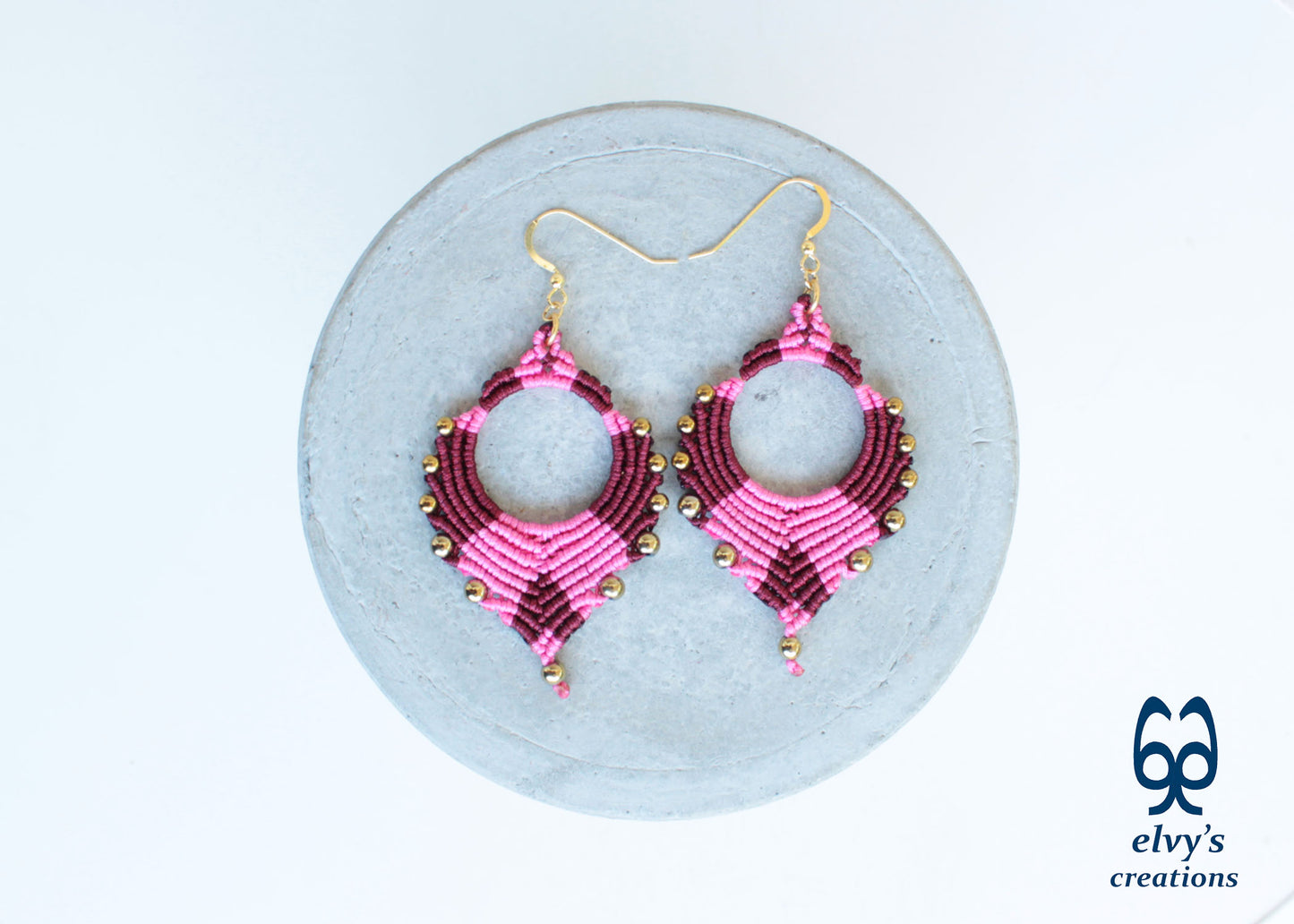 Pink Macrame Earrings Gold Hematite Gemstones Silver Hoop Earrings