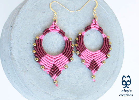 Pink Macrame Earrings Gold Hematite Gemstones Silver Hoop Earrings