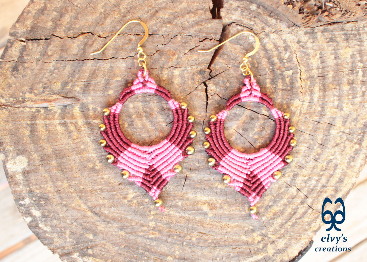 Pink Macrame Earrings Gold Hematite Gemstones Silver Hoop Earrings