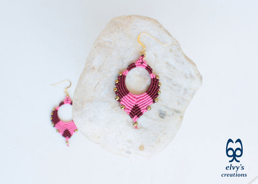 Pink Macrame Earrings Gold Hematite Gemstones Silver Hoop Earrings