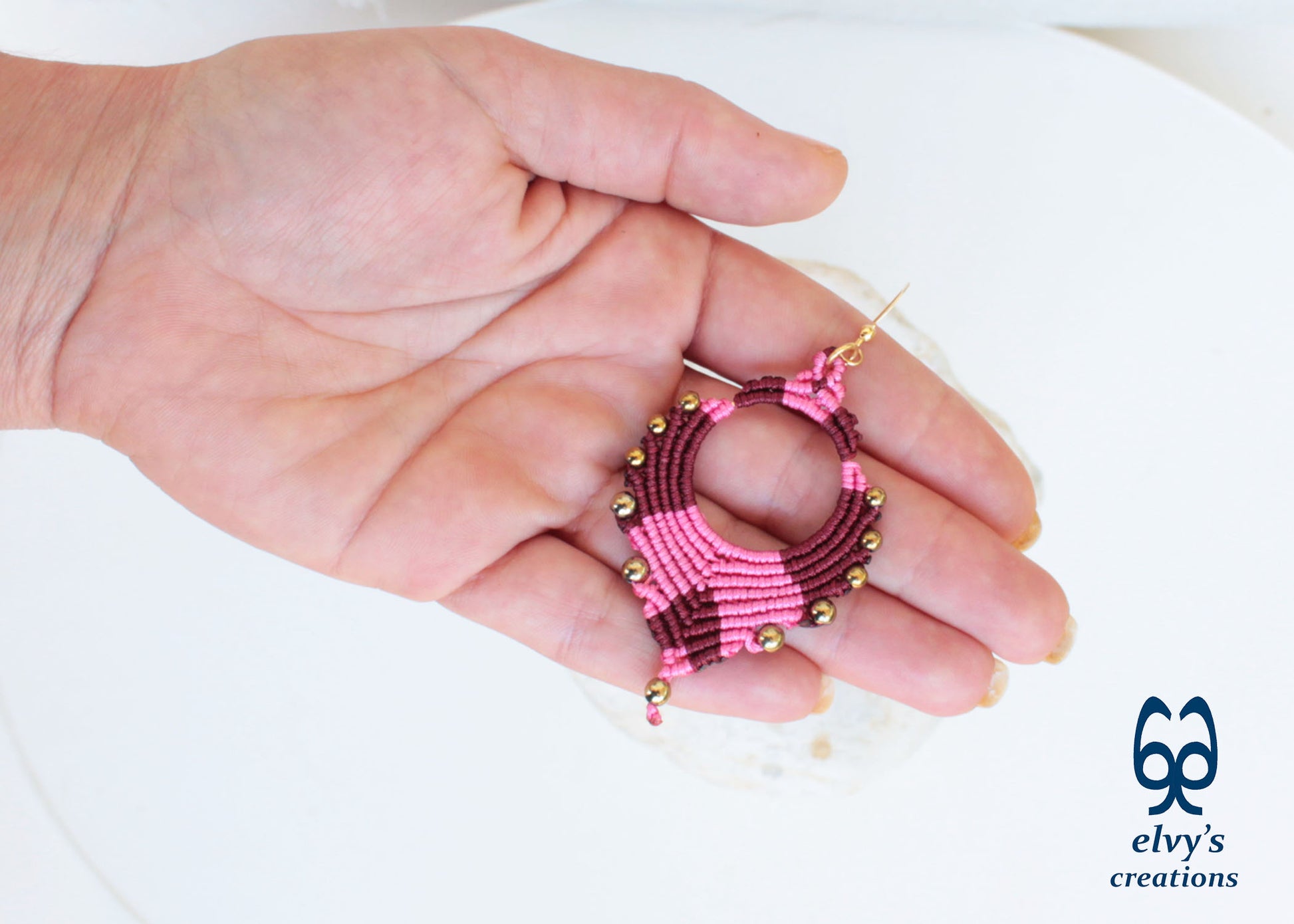 Pink Macrame Earrings Gold Hematite Gemstones Silver Hoop Earrings