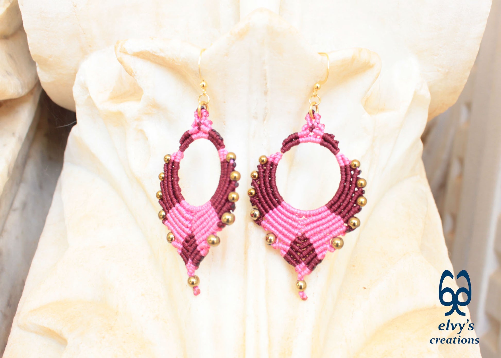 Pink Macrame Earrings Gold Hematite Gemstones Silver Hoop Earrings