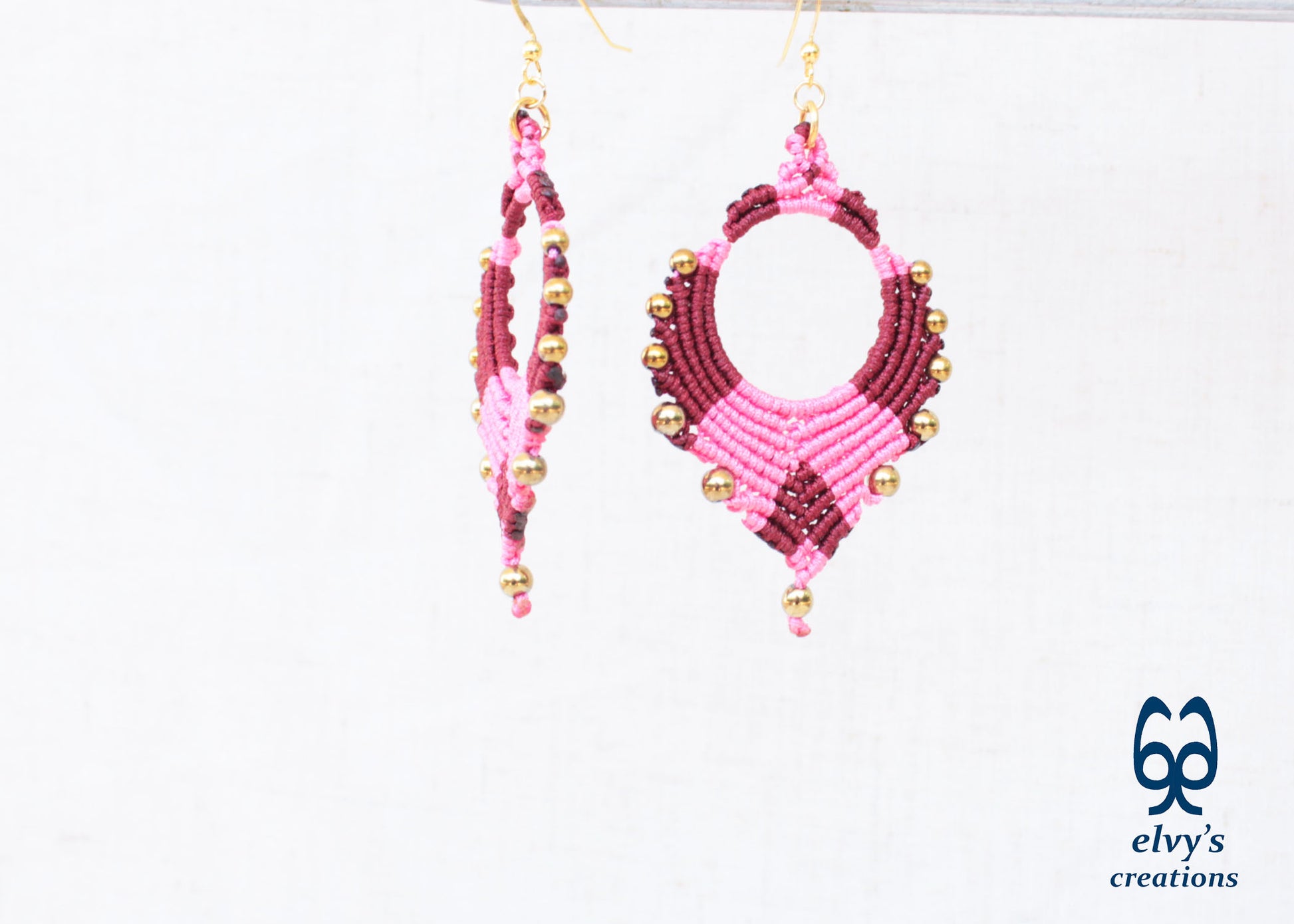 Pink Macrame Earrings Gold Hematite Gemstones Silver Hoop Earrings