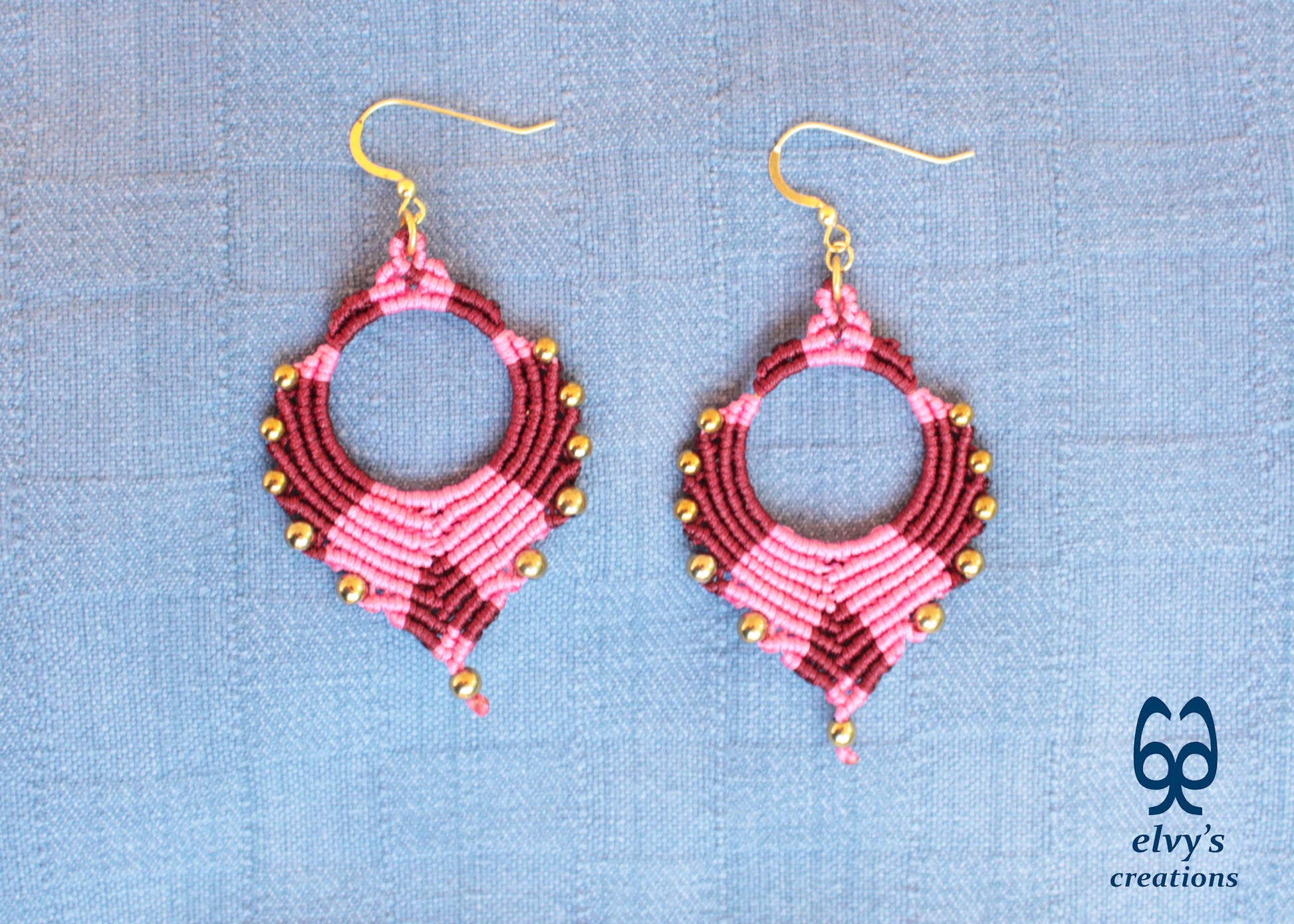 Pink Macrame Earrings Gold Hematite Gemstones Silver Hoop Earrings