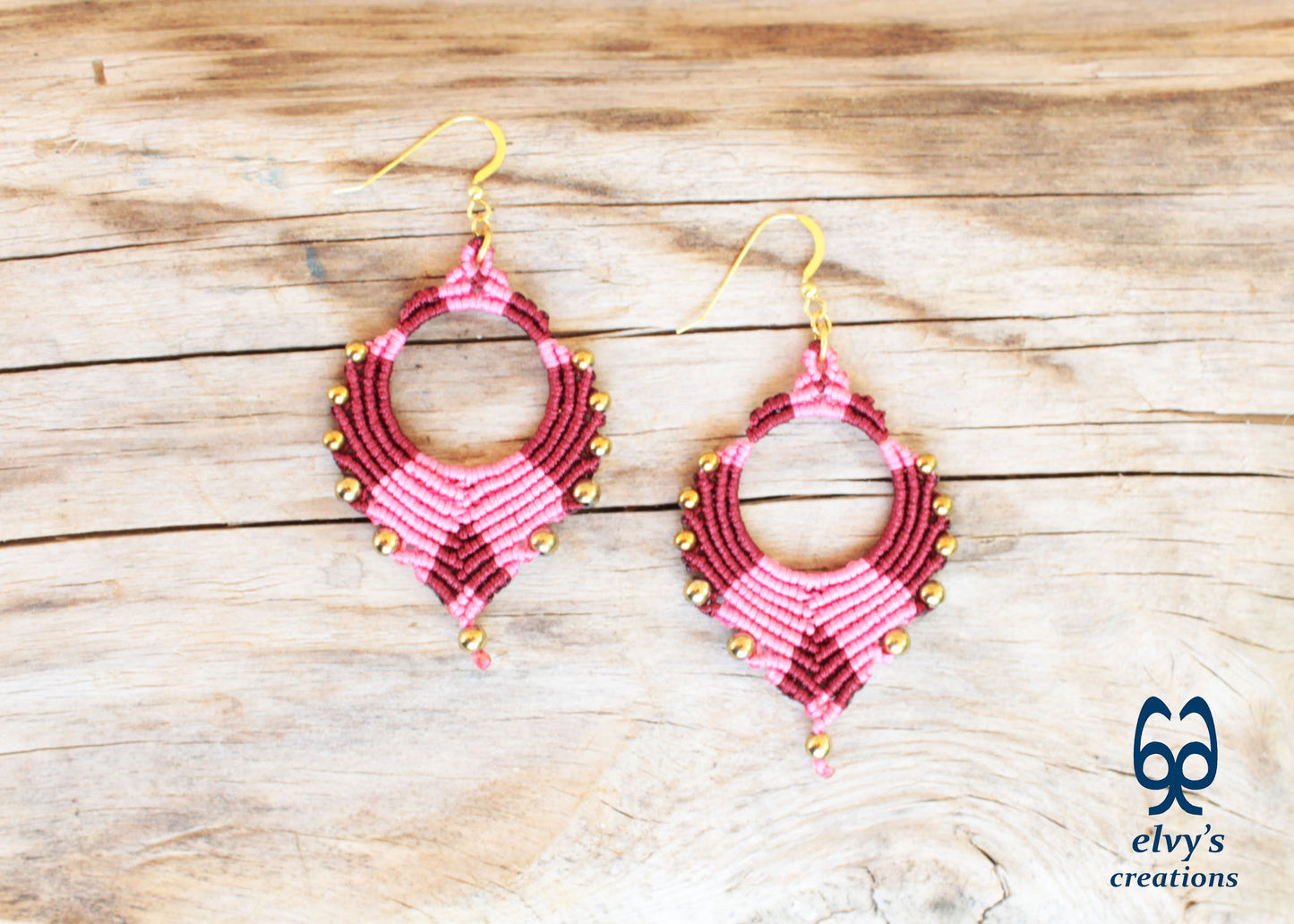 Pink Macrame Earrings Gold Hematite Gemstones Silver Hoop Earrings