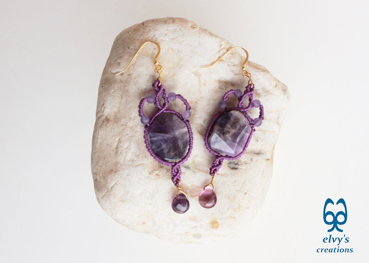 Handmade Purple Macrame Earrings Long Dangle with Amethyst Gemstones