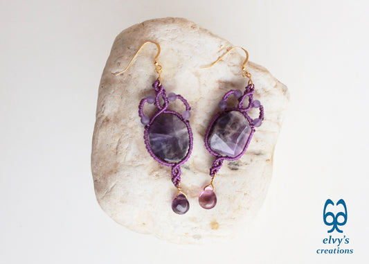 Handmade Purple Macrame Earrings Long Dangle with Amethyst Gemstones