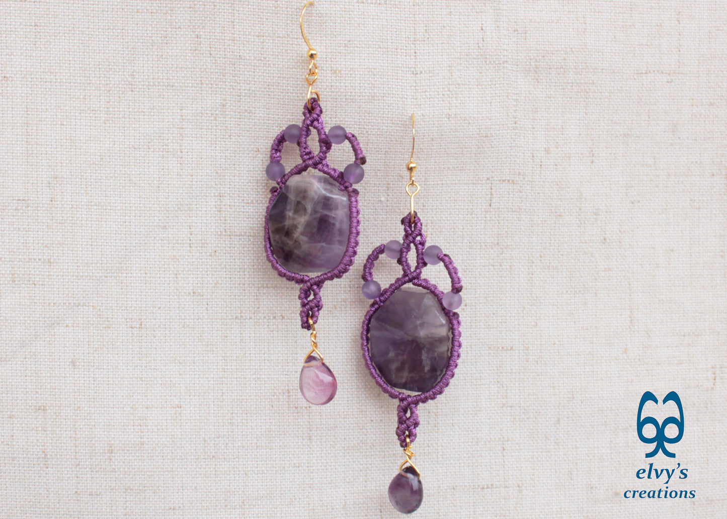 Handmade Purple Macrame Earrings Long Dangle with Amethyst Gemstones