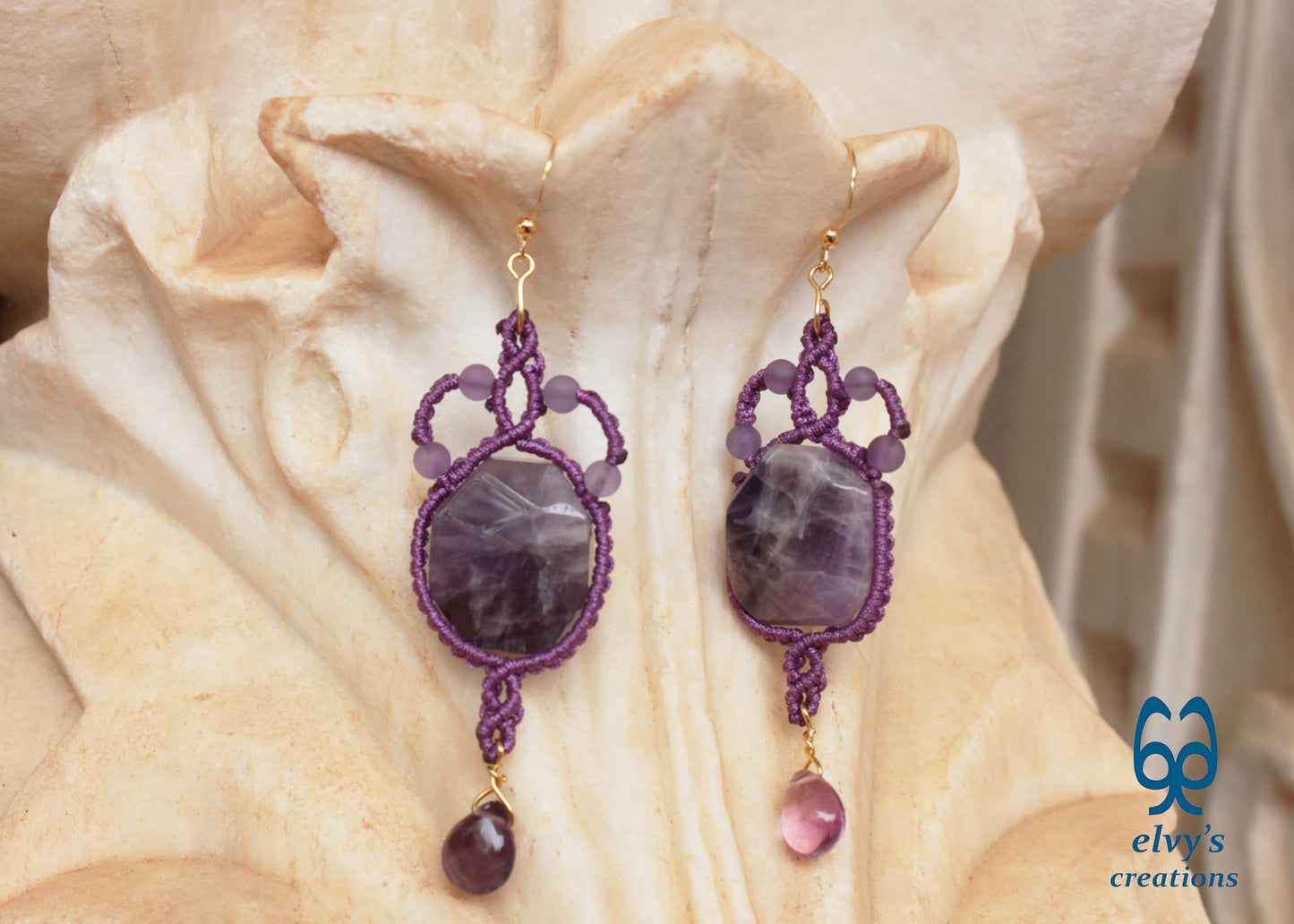 Handmade Purple Macrame Earrings Long Dangle with Amethyst Gemstones