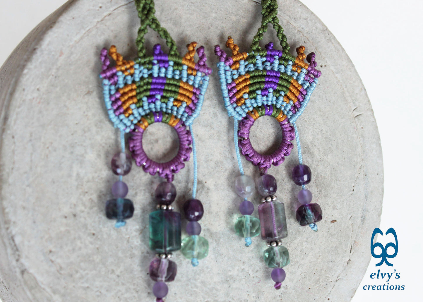 Purple Macramé Earrings Long Dangle and Green Amethyst Fluorite Gemstones