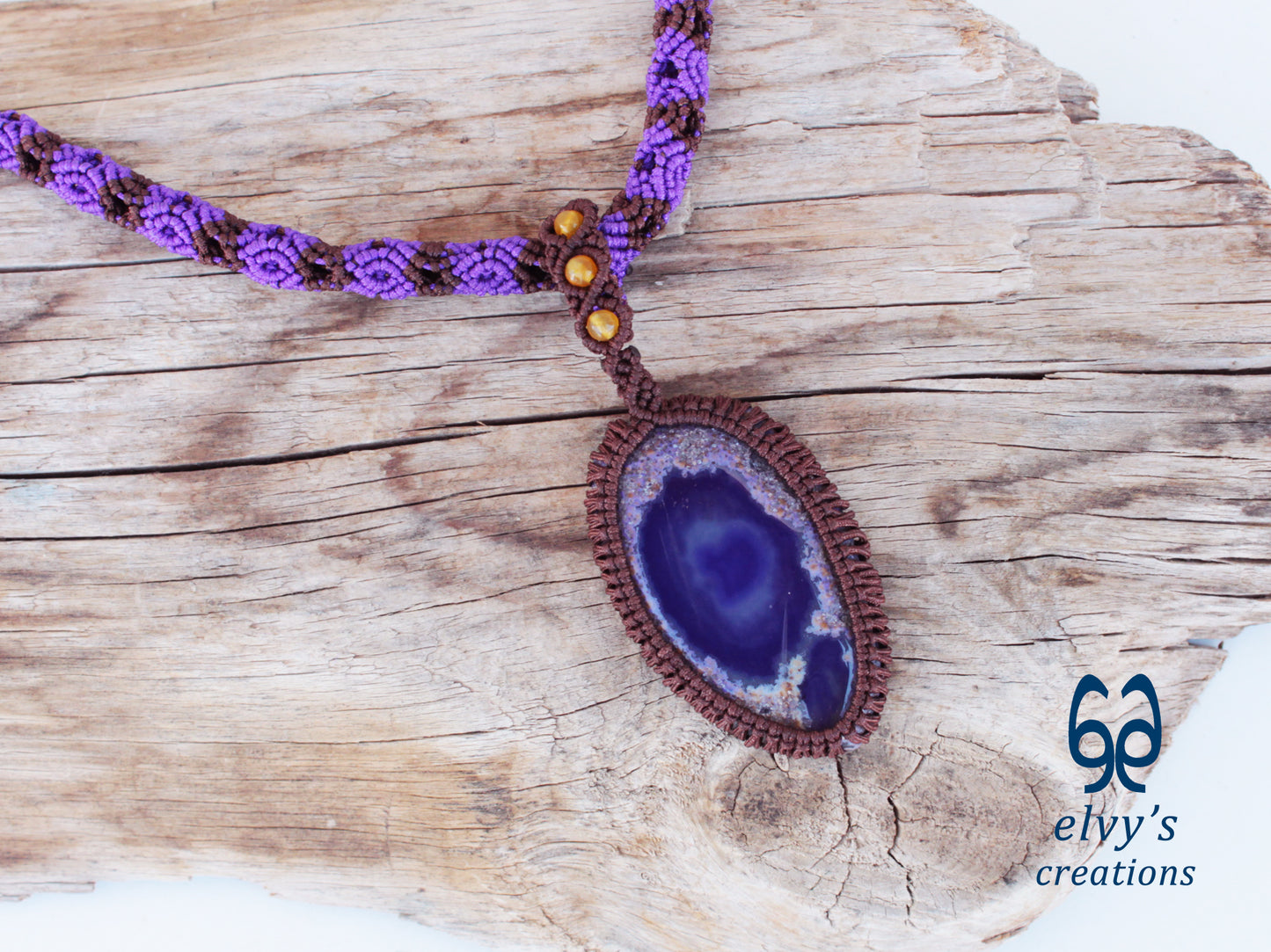 Handmade Macrame Purple Necklace with Yellow Agate Gemstones