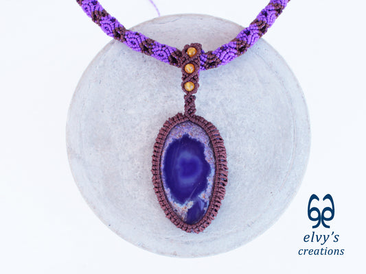 Handmade Macrame Purple Necklace with Yellow Agate Gemstones