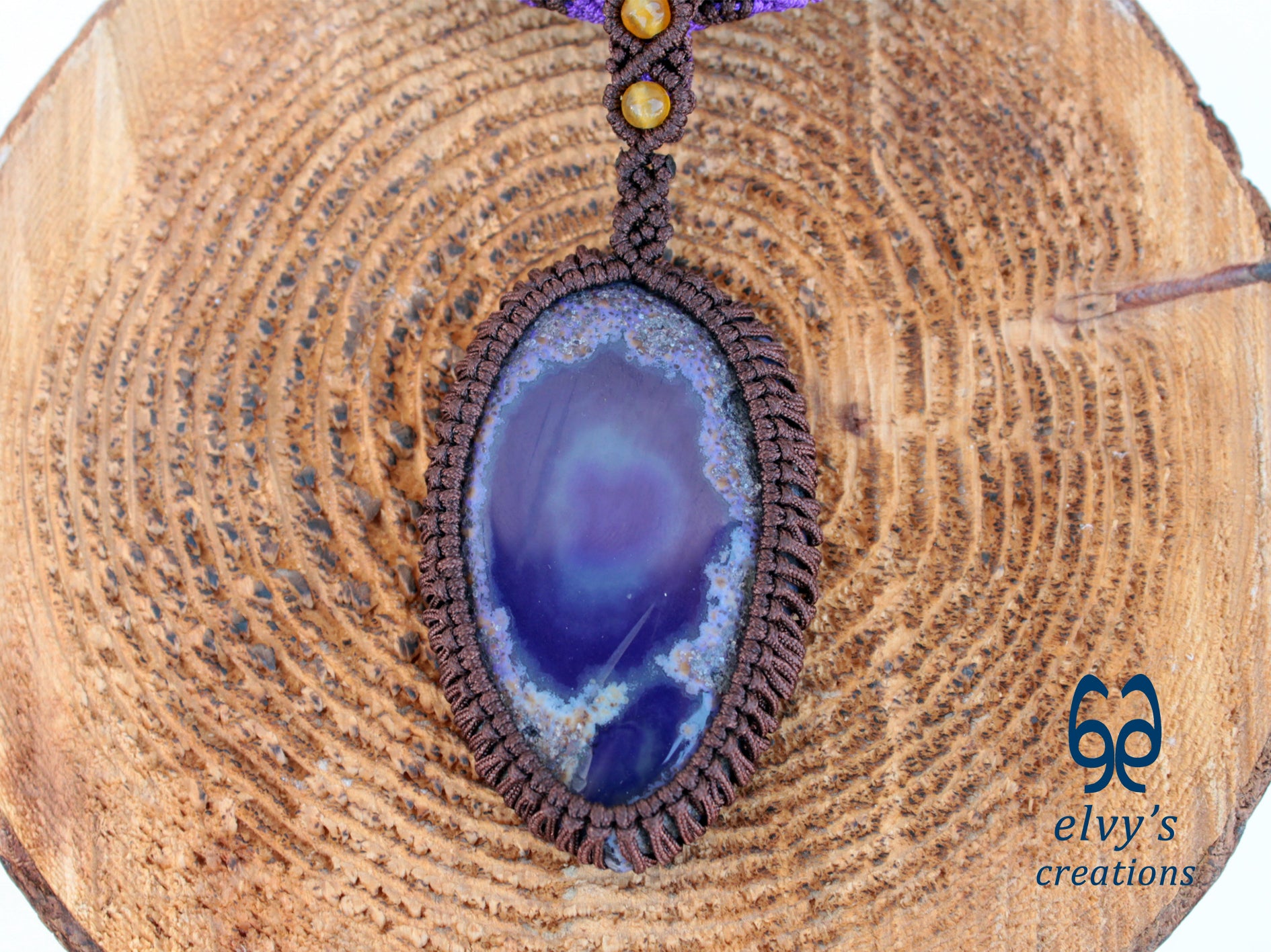 Handmade Macrame Purple Necklace with Yellow Agate Gemstones