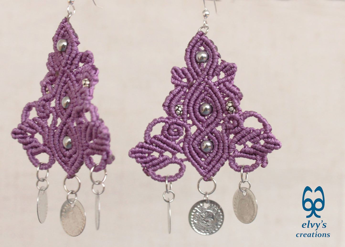 Purple Handmade Macrame Silver Earrings Dangle with Hematite Gemstones Silver Coins 