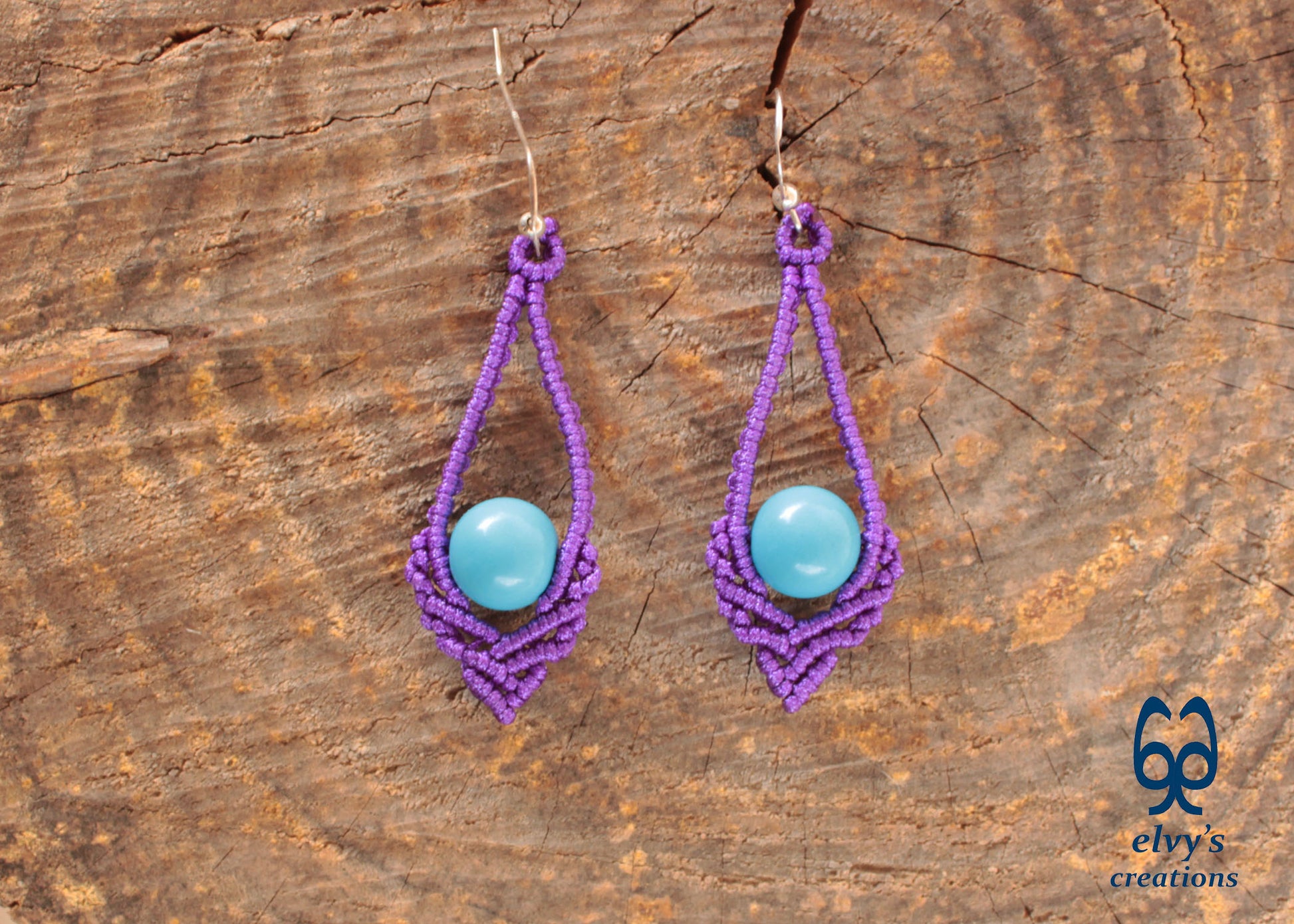 Purple Macrame Earrings Handmade Silver Earrings with Turquoise Gemstones