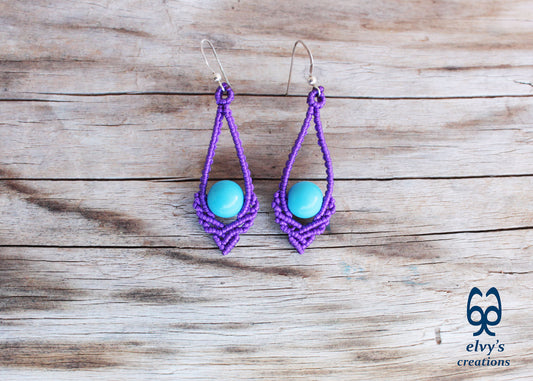 Purple Macrame Earrings Handmade Silver Earrings with Turquoise Gemstones