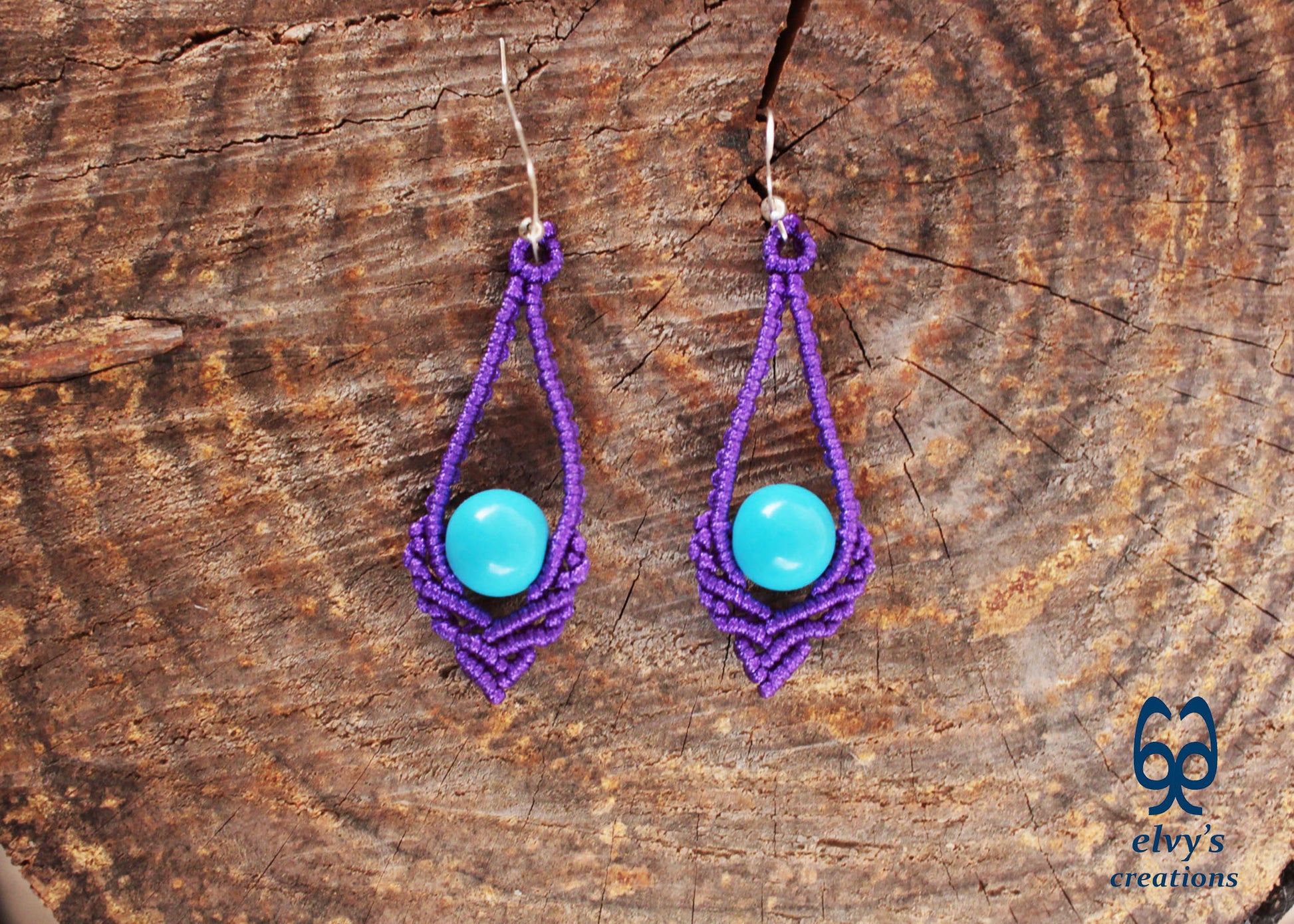 Purple Macrame Earrings Handmade Silver Earrings with Turquoise Gemstones