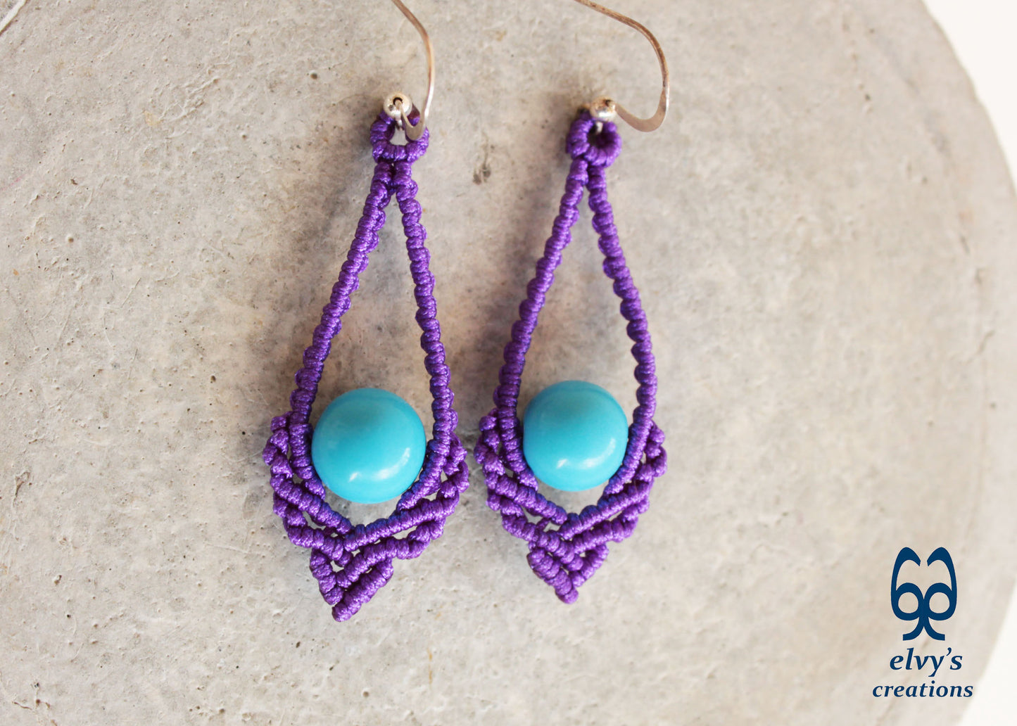 Purple Macrame Earrings Handmade Silver Earrings with Turquoise Gemstones