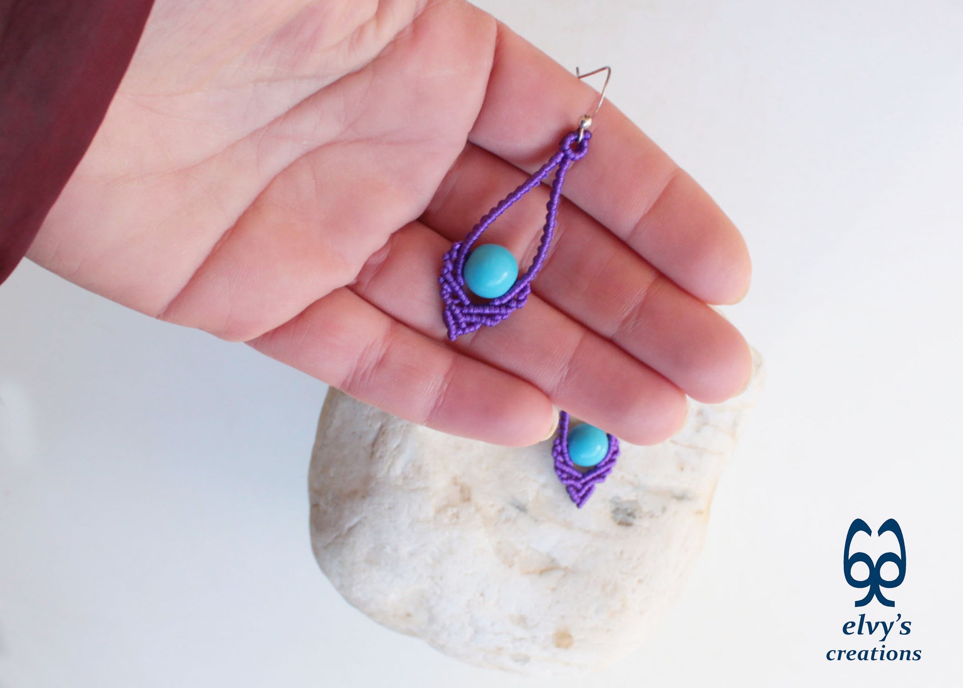 Purple Macrame Earrings Handmade Silver Earrings with Turquoise Gemstones