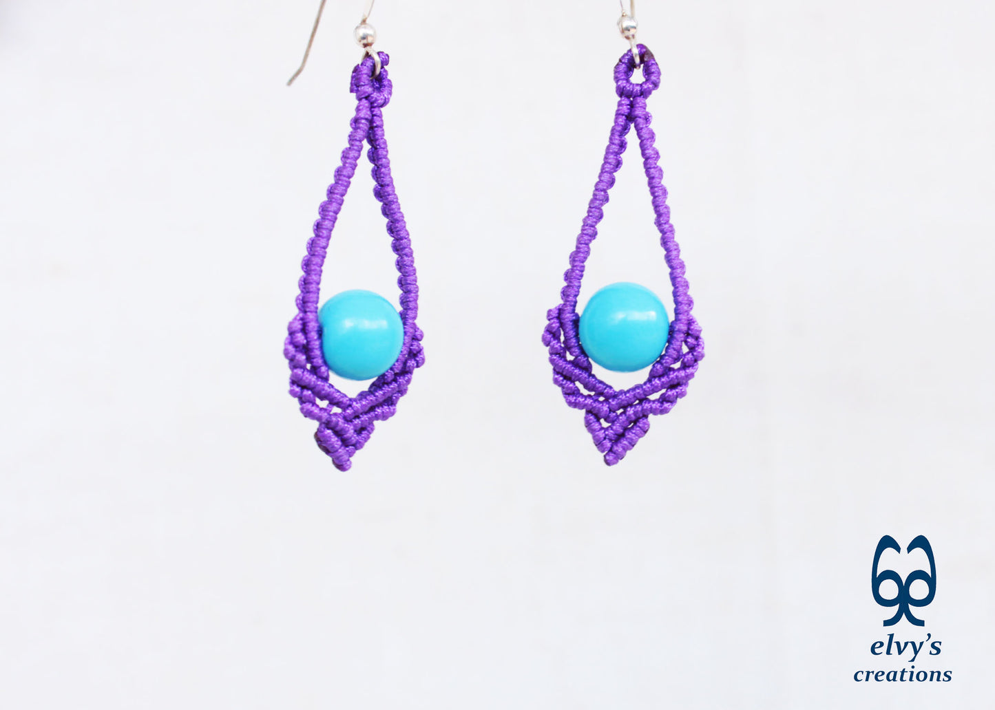 Purple Macrame Earrings Handmade Silver Earrings with Turquoise Gemstones