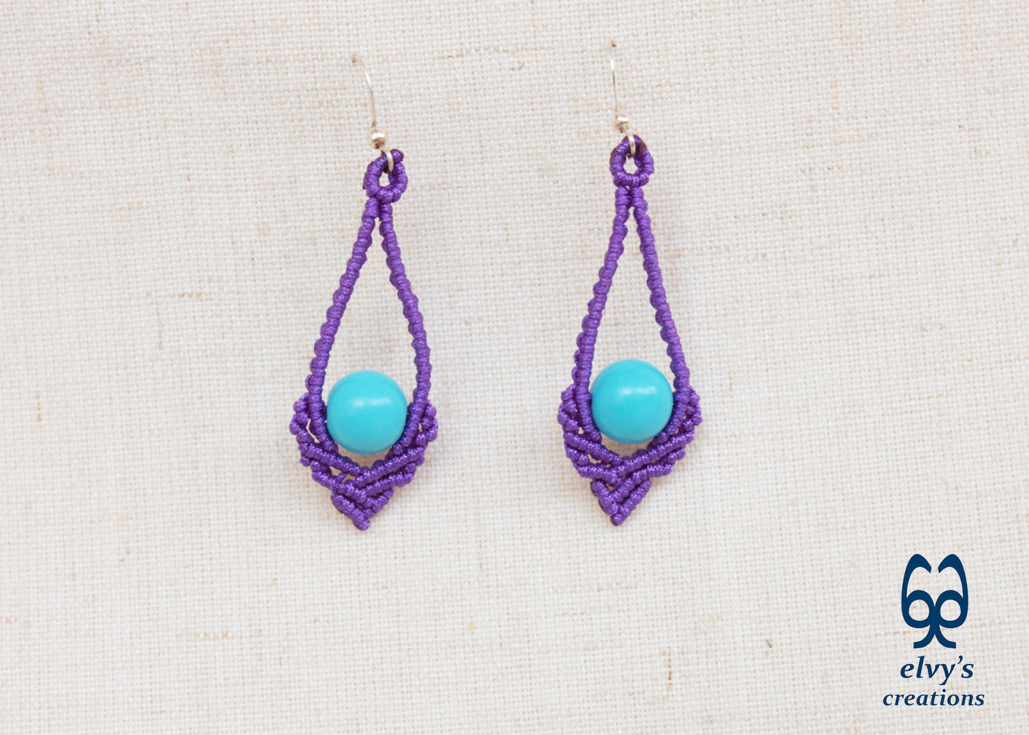 Purple Macrame Earrings Handmade Silver Earrings with Turquoise Gemstones